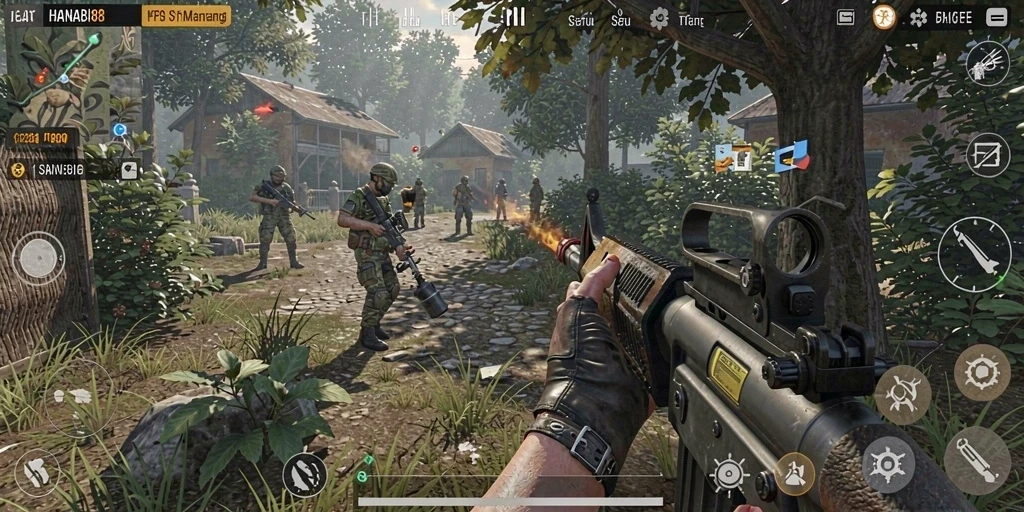 Tangkapan layar gameplay intens dari HANABI88 yang menunjukkan aksi menembak yang mendebarkan.