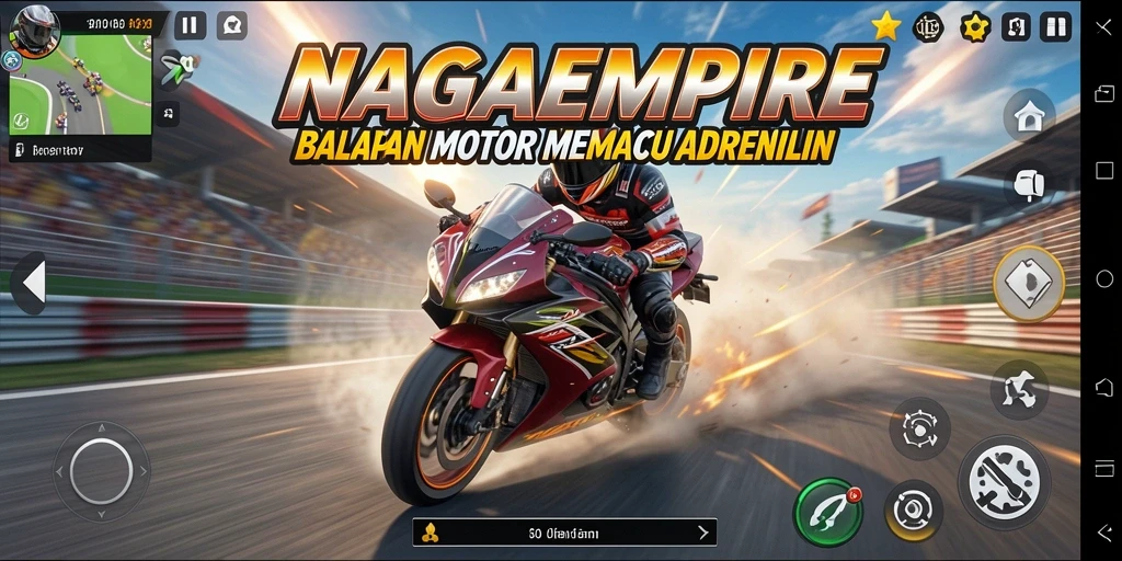 Screenshot NAGAEMPIRE menampilkan aksi balapan motor yang intens dan mendebarkan.