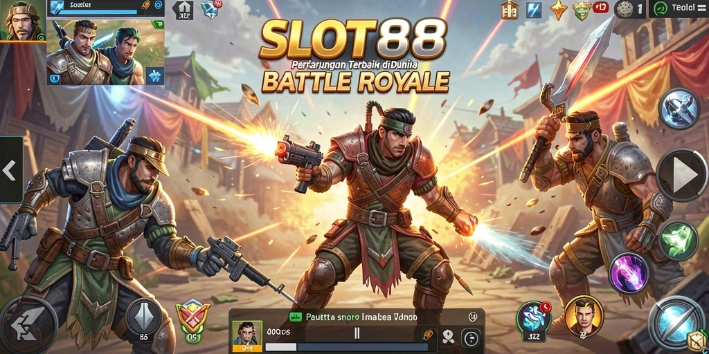 Tangkapan layar gameplay SLOT88 menampilkan pertempuran intens dalam arena Battle Royale.